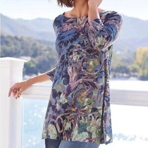Soft Surroundings Tuileries multi-botanical print 3/4 sleeve tunic 1X